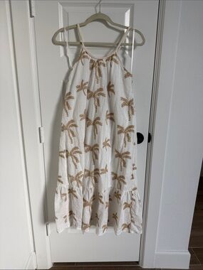 Women's White Maxi Sundress with Tan Palm Print
